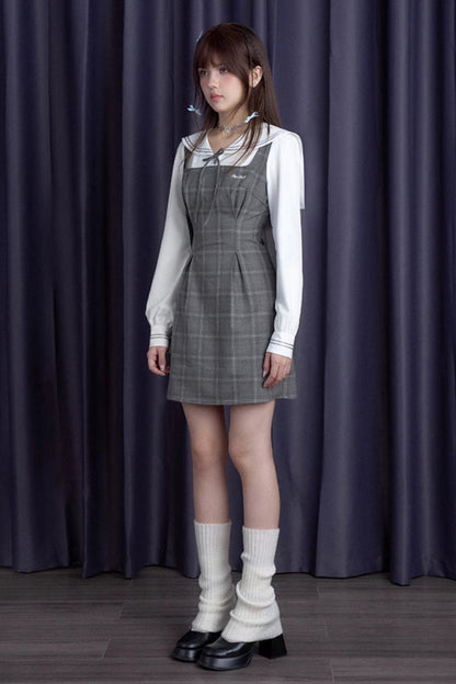 Gray Check Sailor Collar Slim Dress