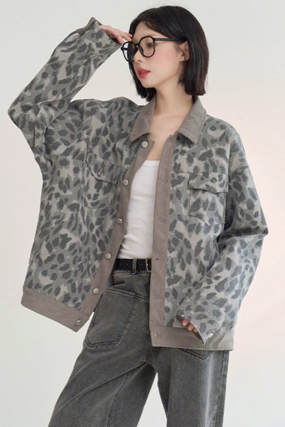 Roll neck leopard print denim jacket