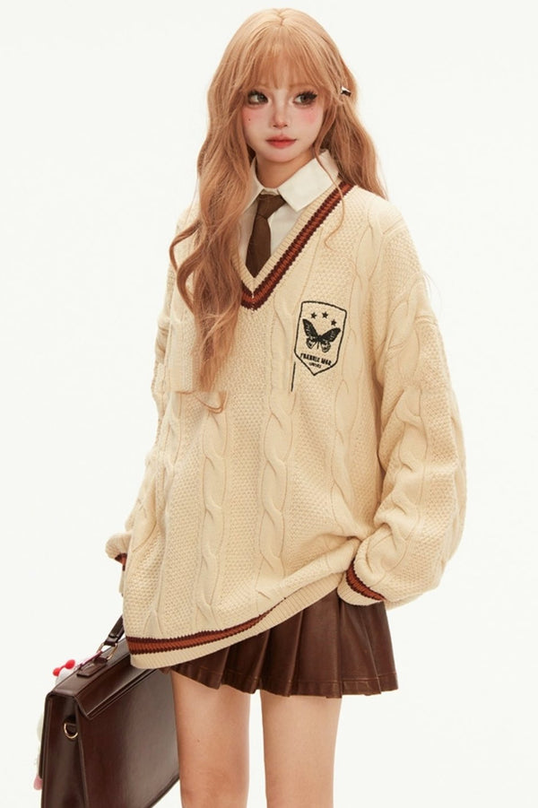 レトロVネックルーズニットセーター