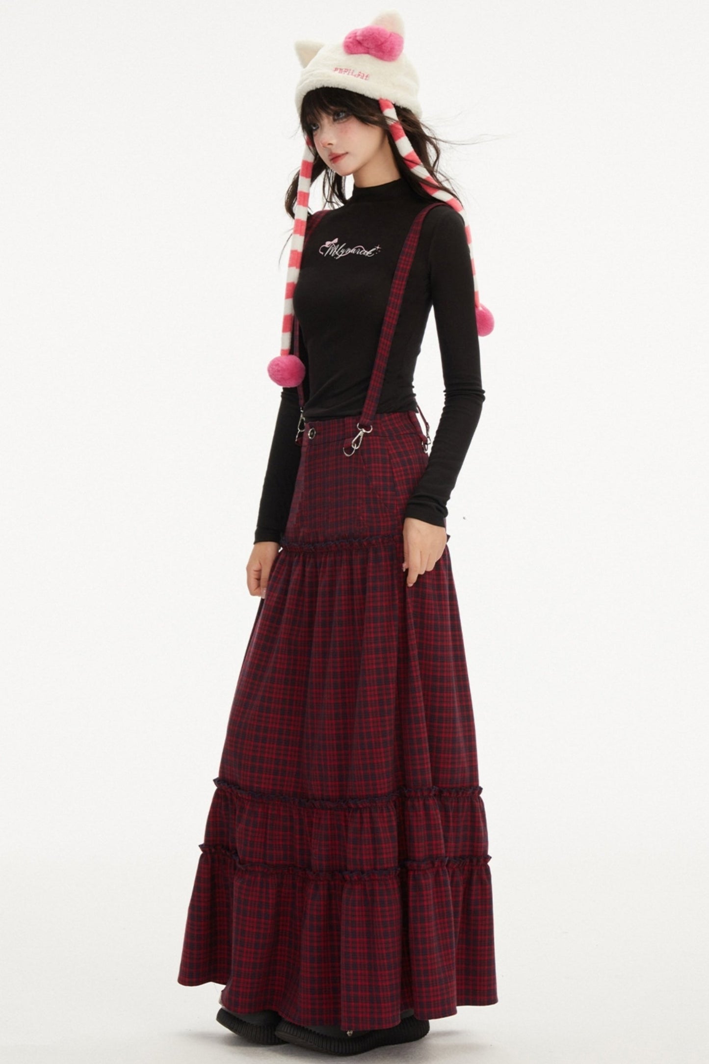 Vintage Check Waist Cinch Long Cake Skirt