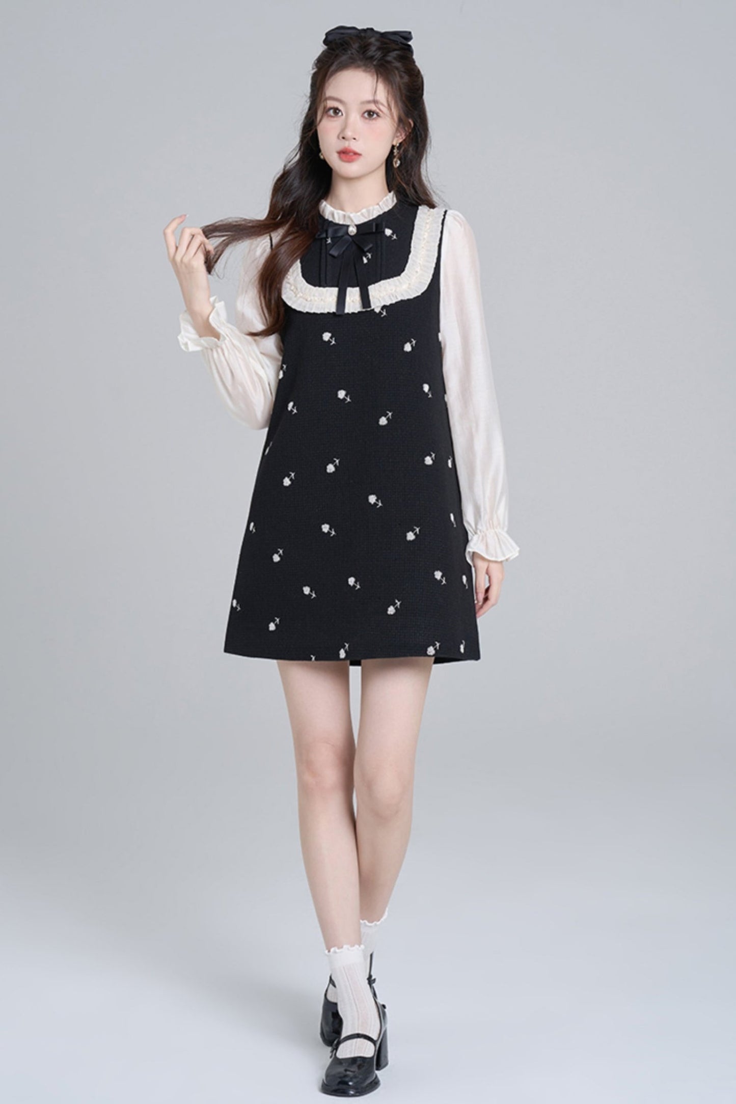 Black Stand Color Fake Two Piece Dou Dress