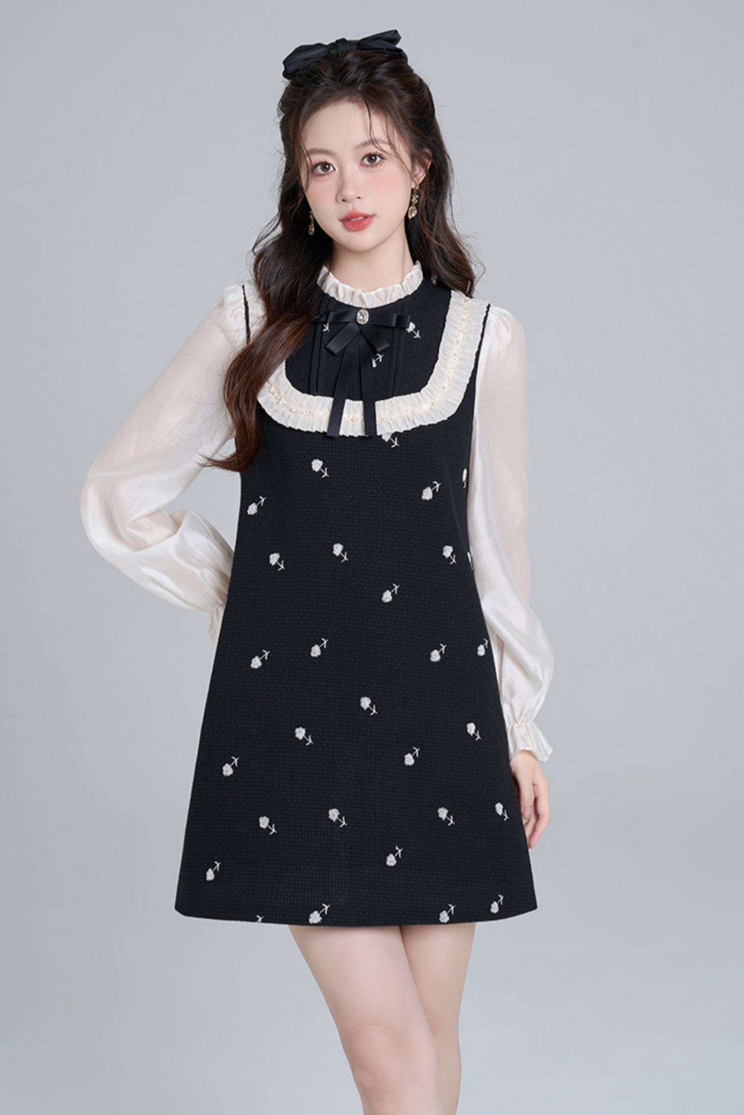 Black Stand Color Fake Two Piece Dou Dress