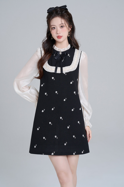 Black Stand Color Fake Two Piece Dou Dress