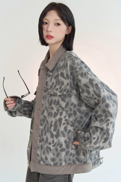 Roll neck leopard print denim jacket