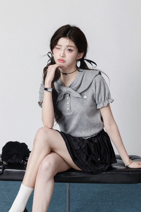 Navy Neck Peppey Knit Tops