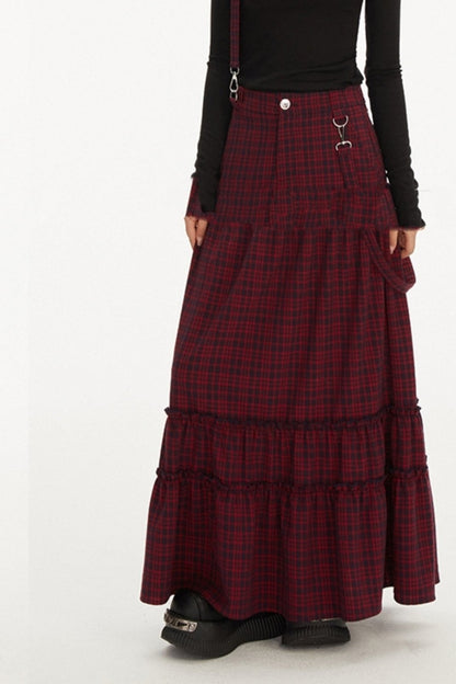 Vintage Check Waist Cinch Long Cake Skirt