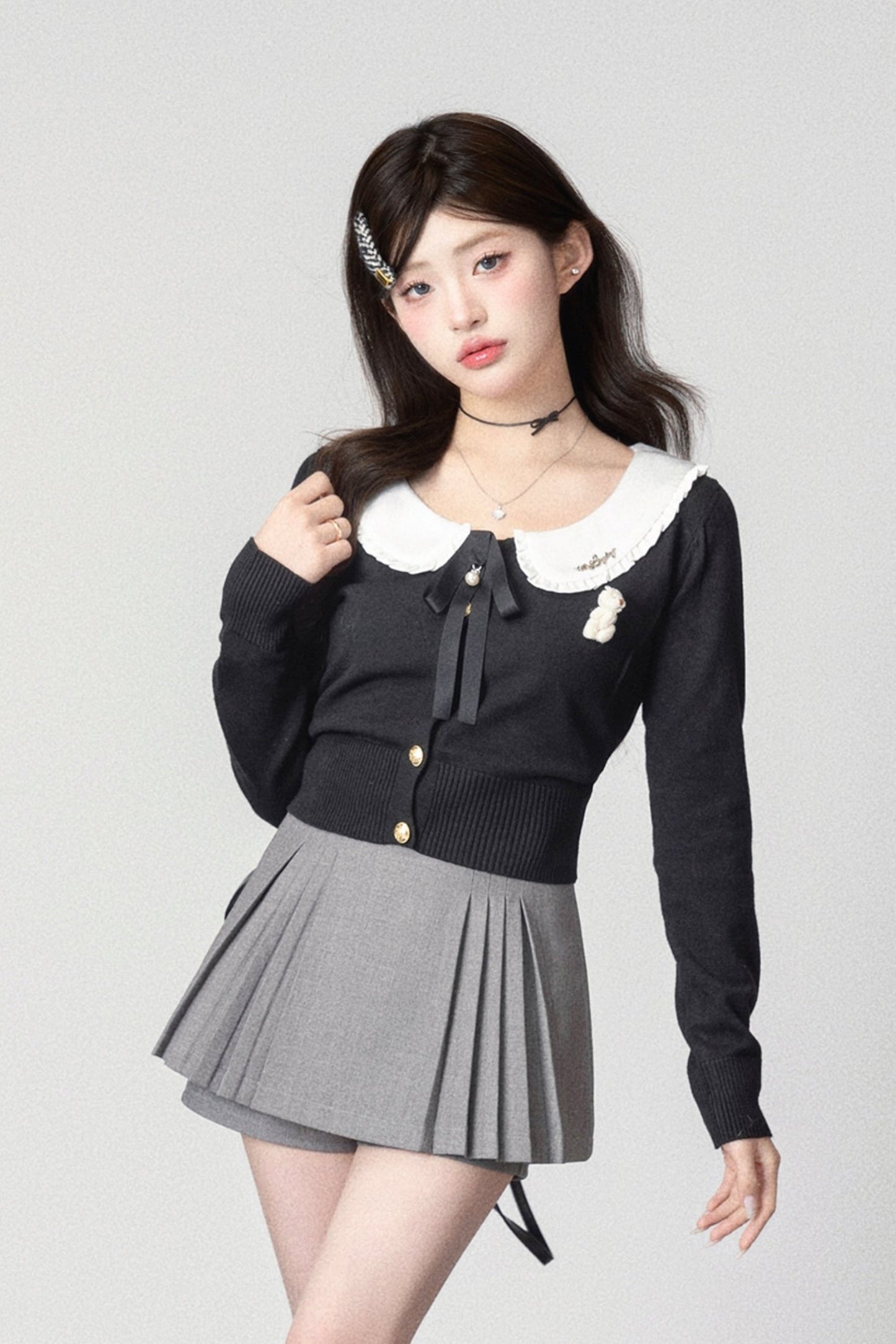 Doll neck knit cardigun set