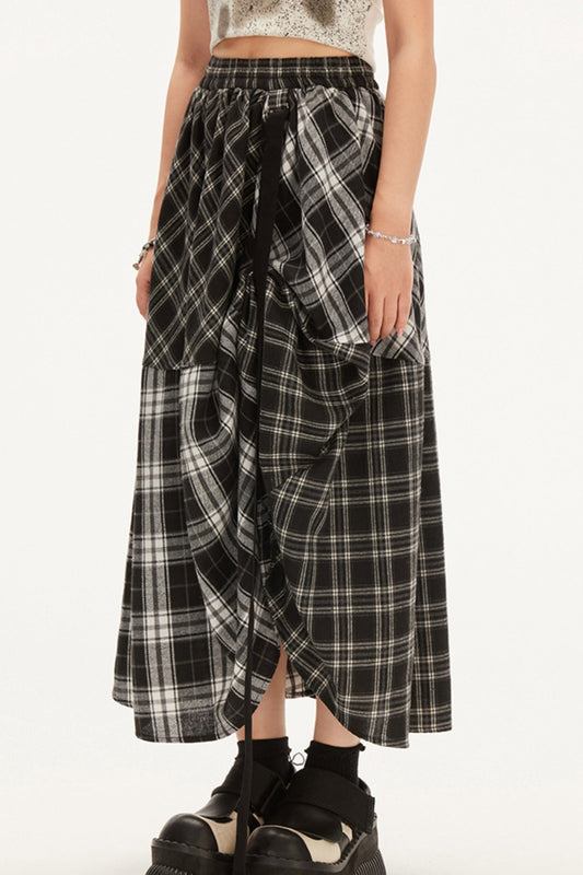 High Waist Check Panel A-Line Skirt