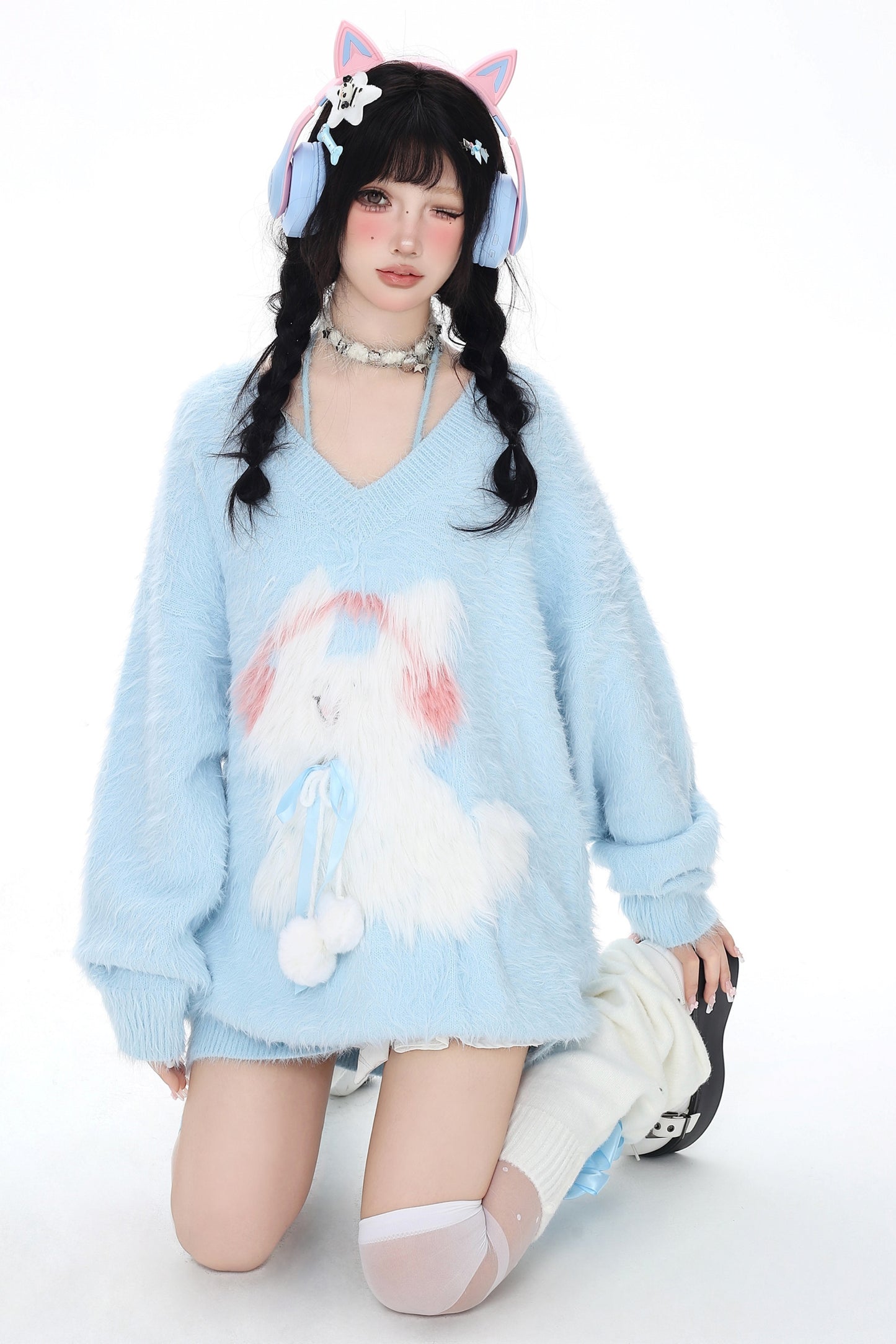 Faux Mink Bunny V Neck Fluffy Sweater