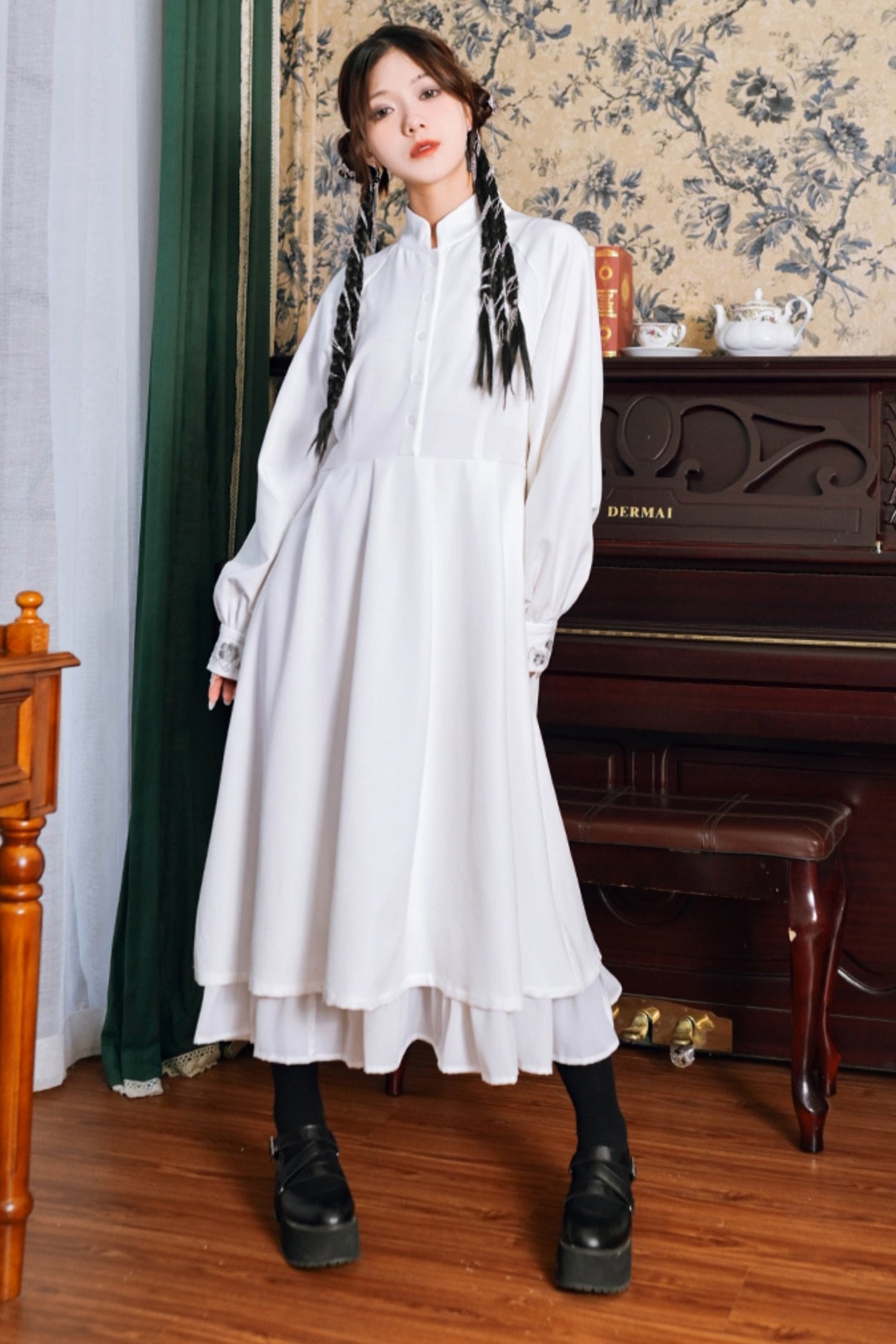 Chinese Style Stand Up Collar Shirt Dress