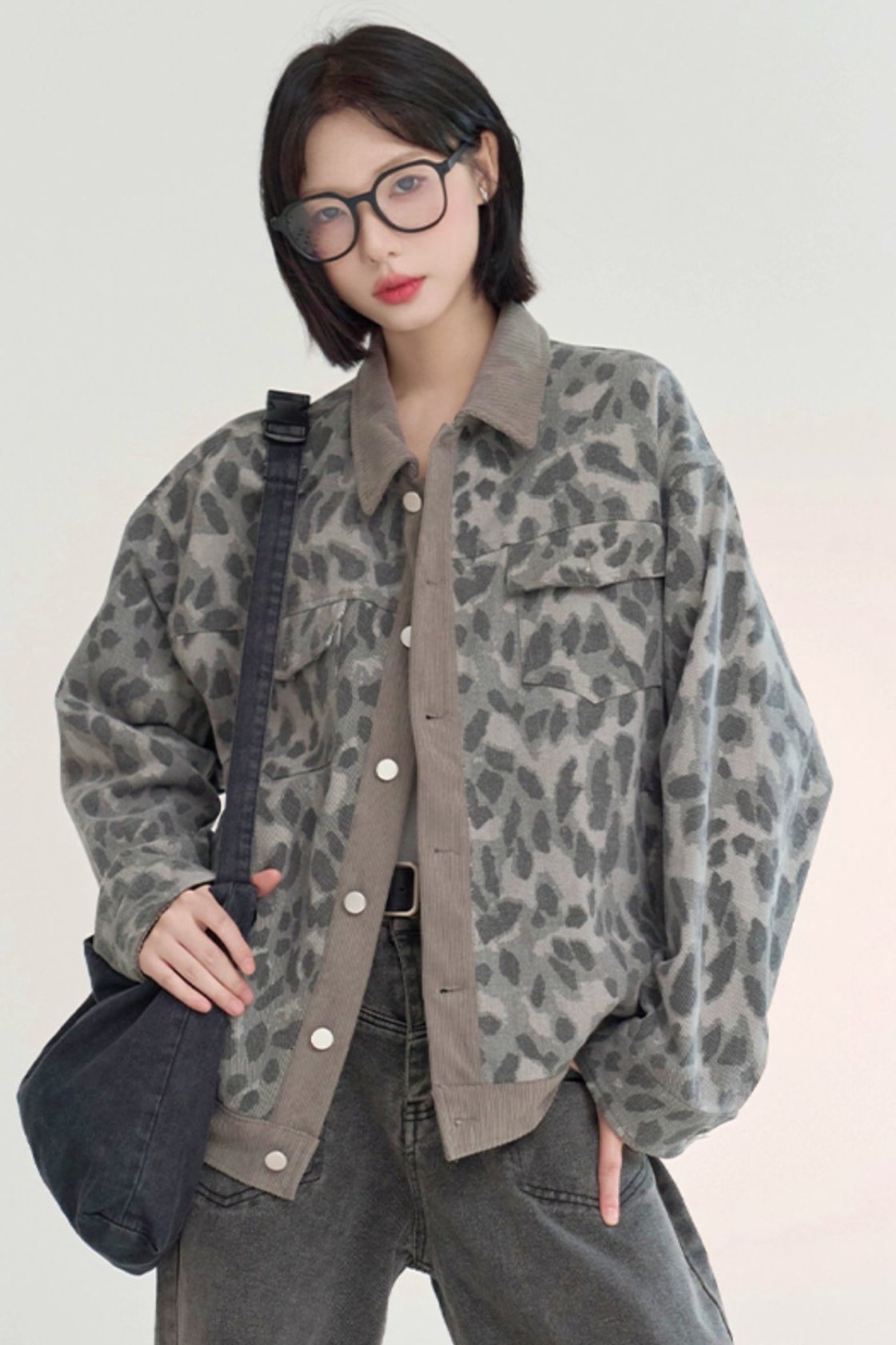 Roll neck leopard print denim jacket