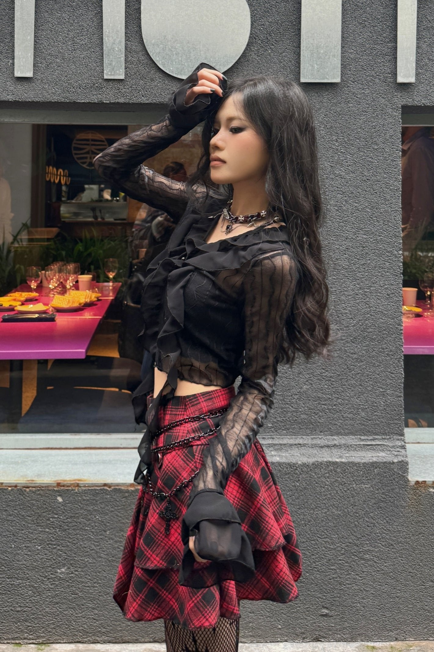 Punk Check High Waist Chain Skirt