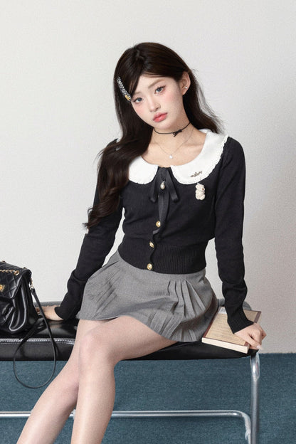 Doll neck knit cardigun set