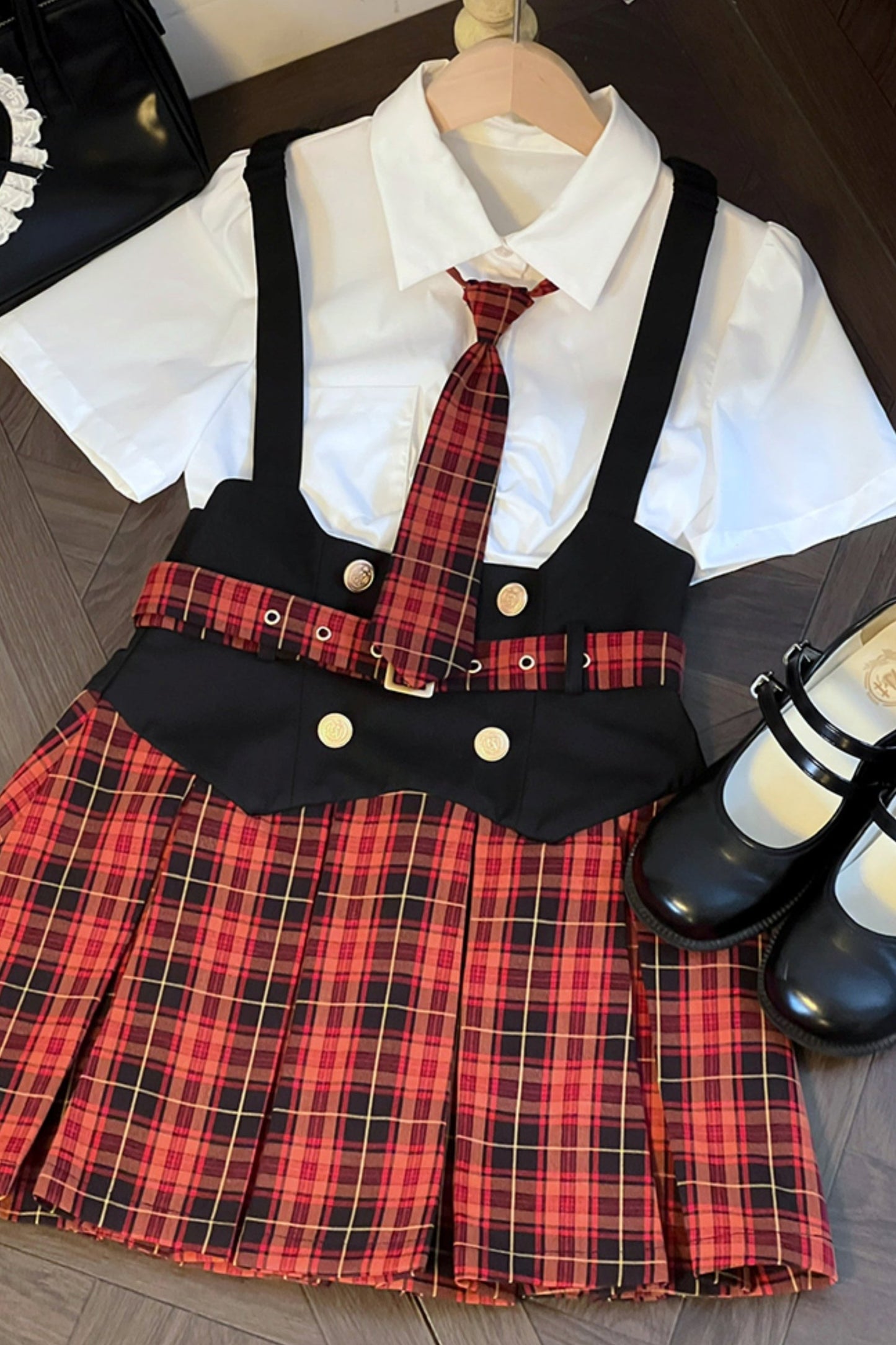 Red Plaid Vest Skirt Uniform Set-Up