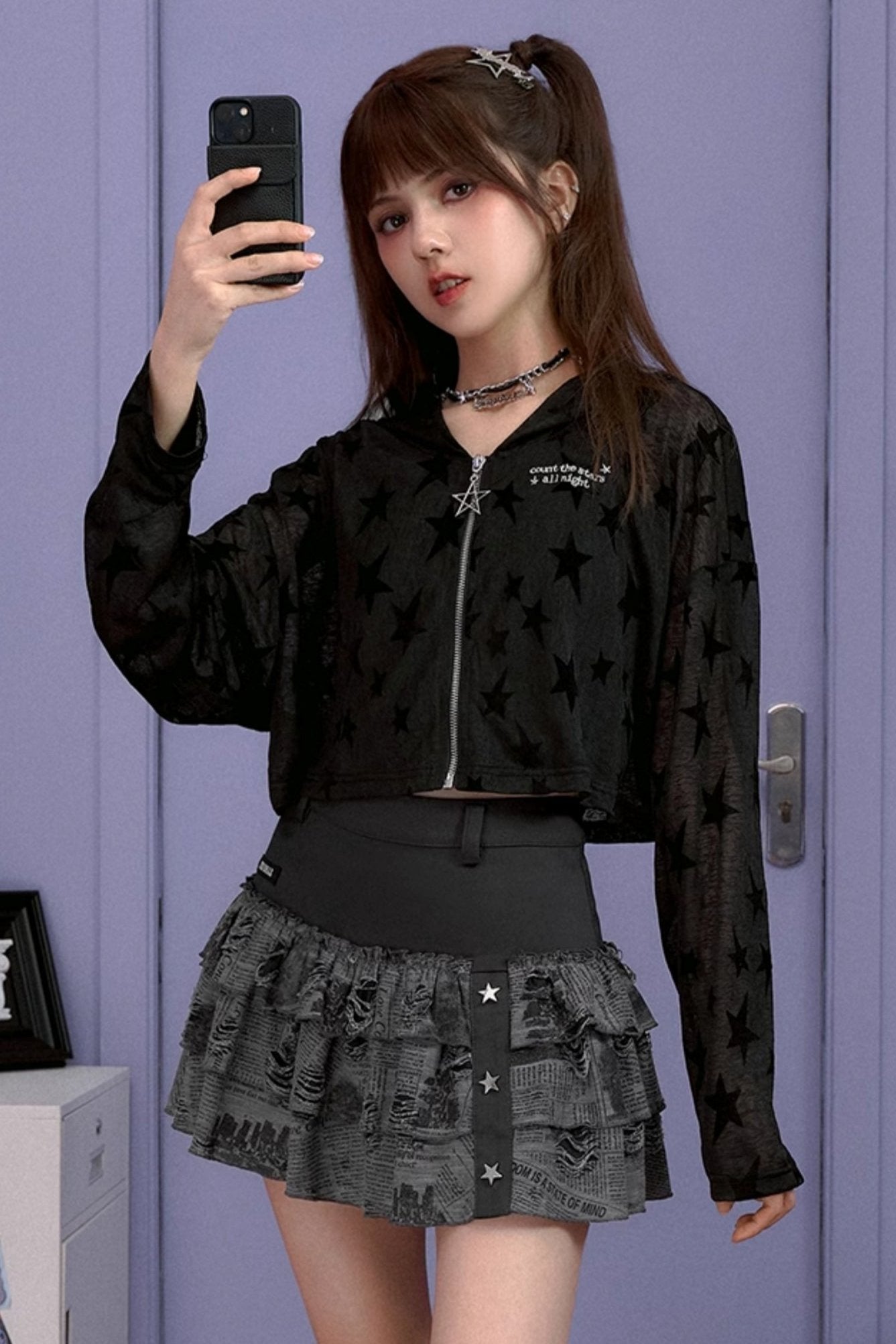 High Waist Black Newspaper Print Skirt