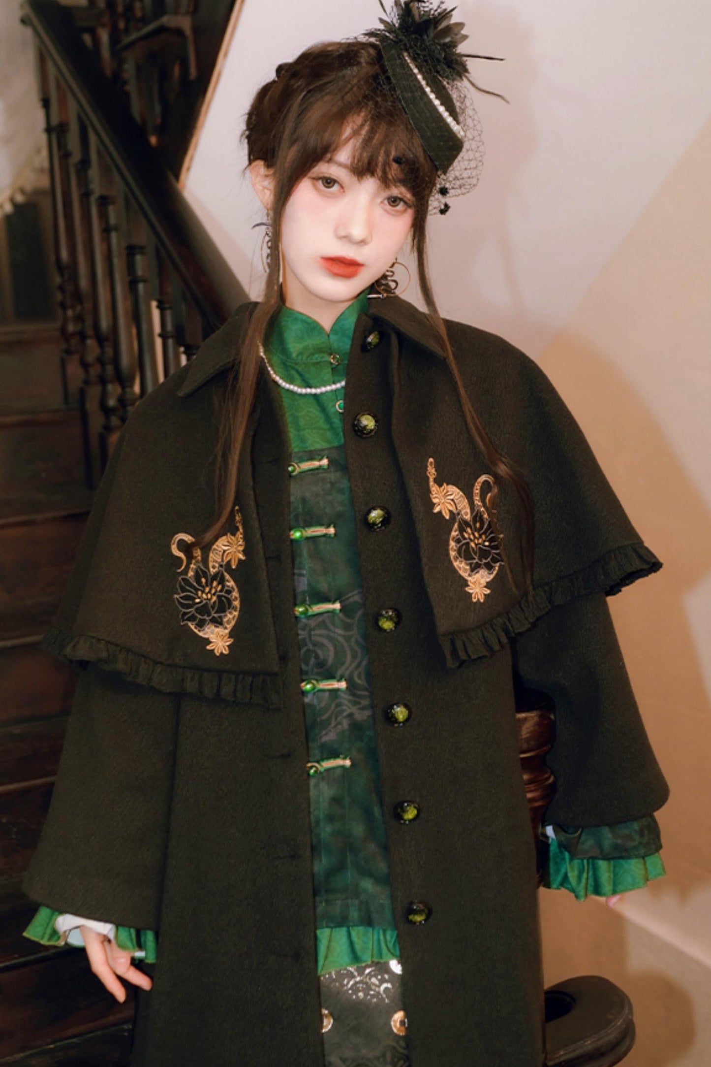 Black Snake Pattern Cape Coat Set