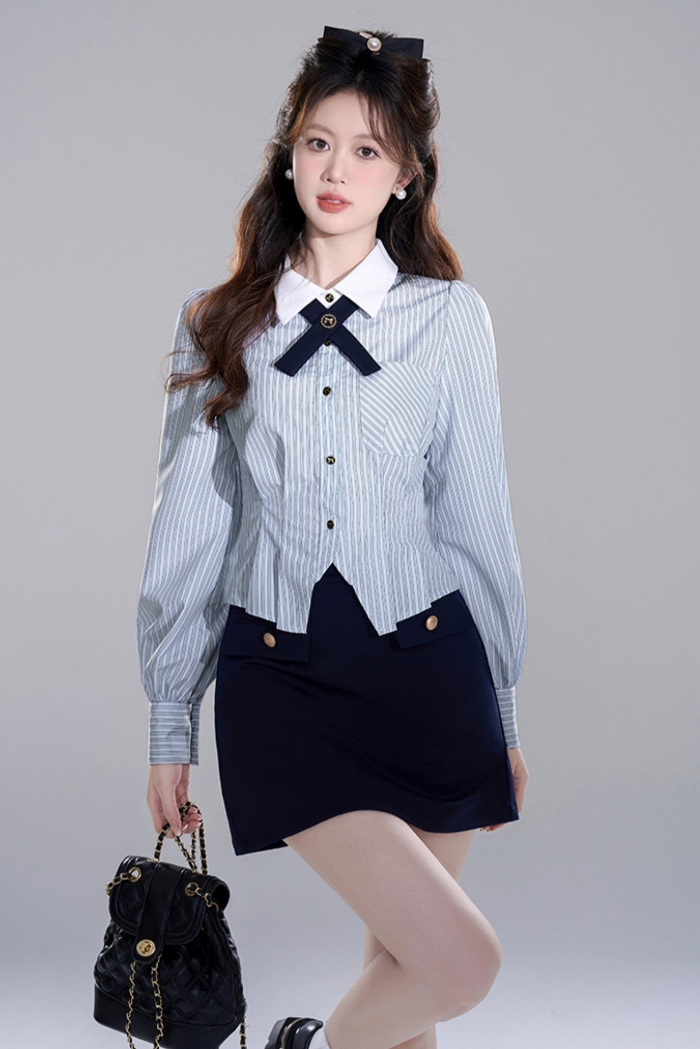 Blue Stripes Peppirong Sleeve Crop Set