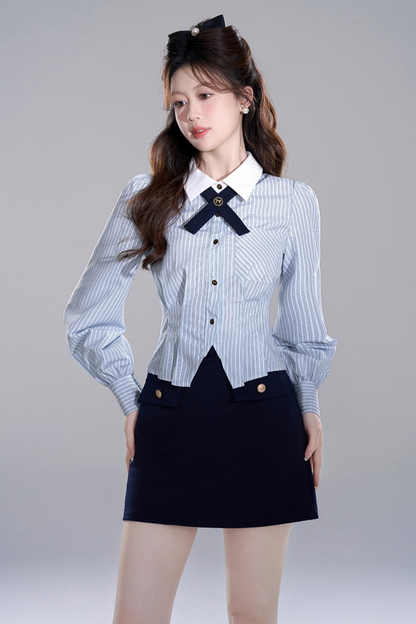 Blue Stripes Peppirong Sleeve Crop Set