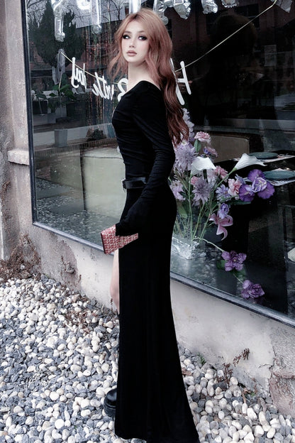 Blacks Slanted Shoulder Slit Dress