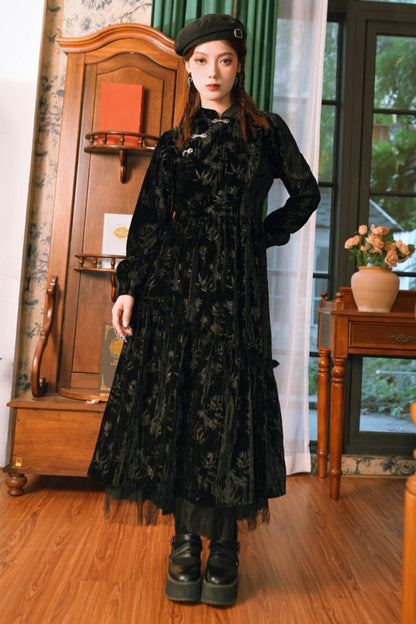 Black Velvet Chou Sam Collar Long Dress