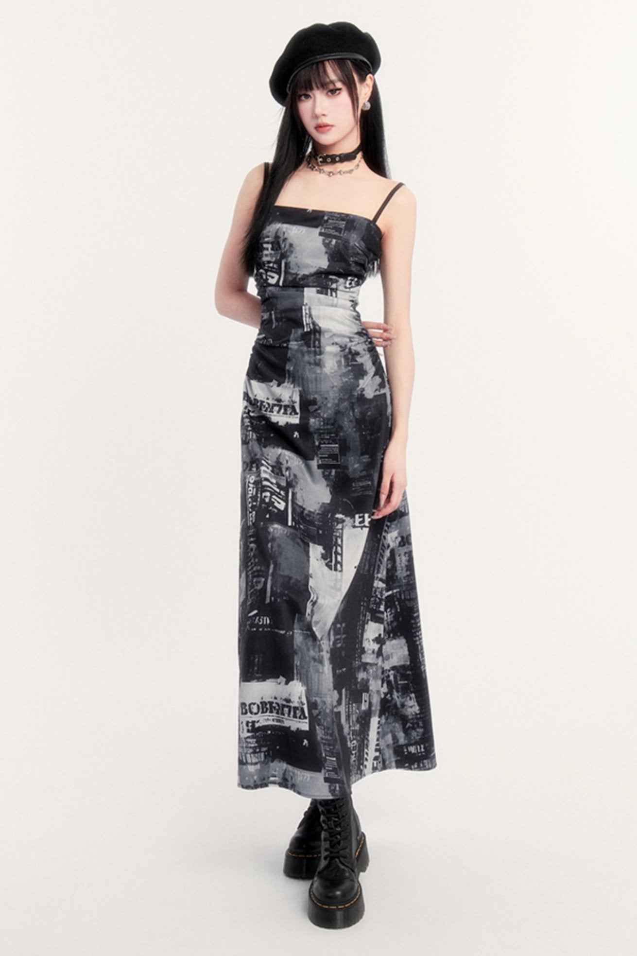 Pictorial print slim long slip dress