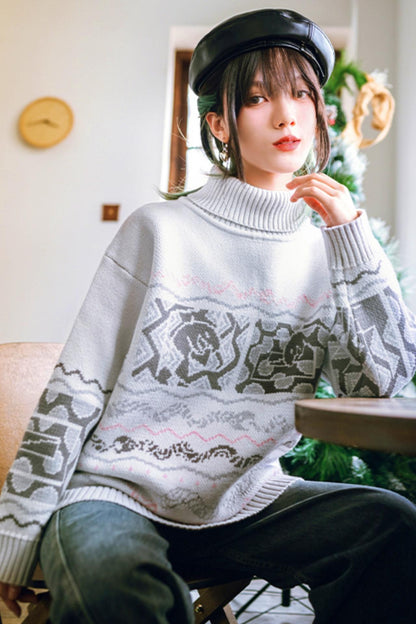 High Neck Jacquard Retro Sweater