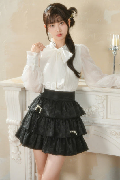 French Bow Chiffon Long Sleeve Top