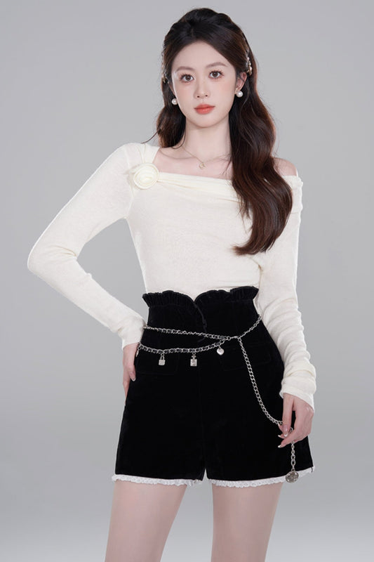 One shoulder solid color knit sweater set