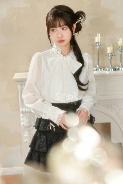 French Bow Chiffon Long Sleeve Top