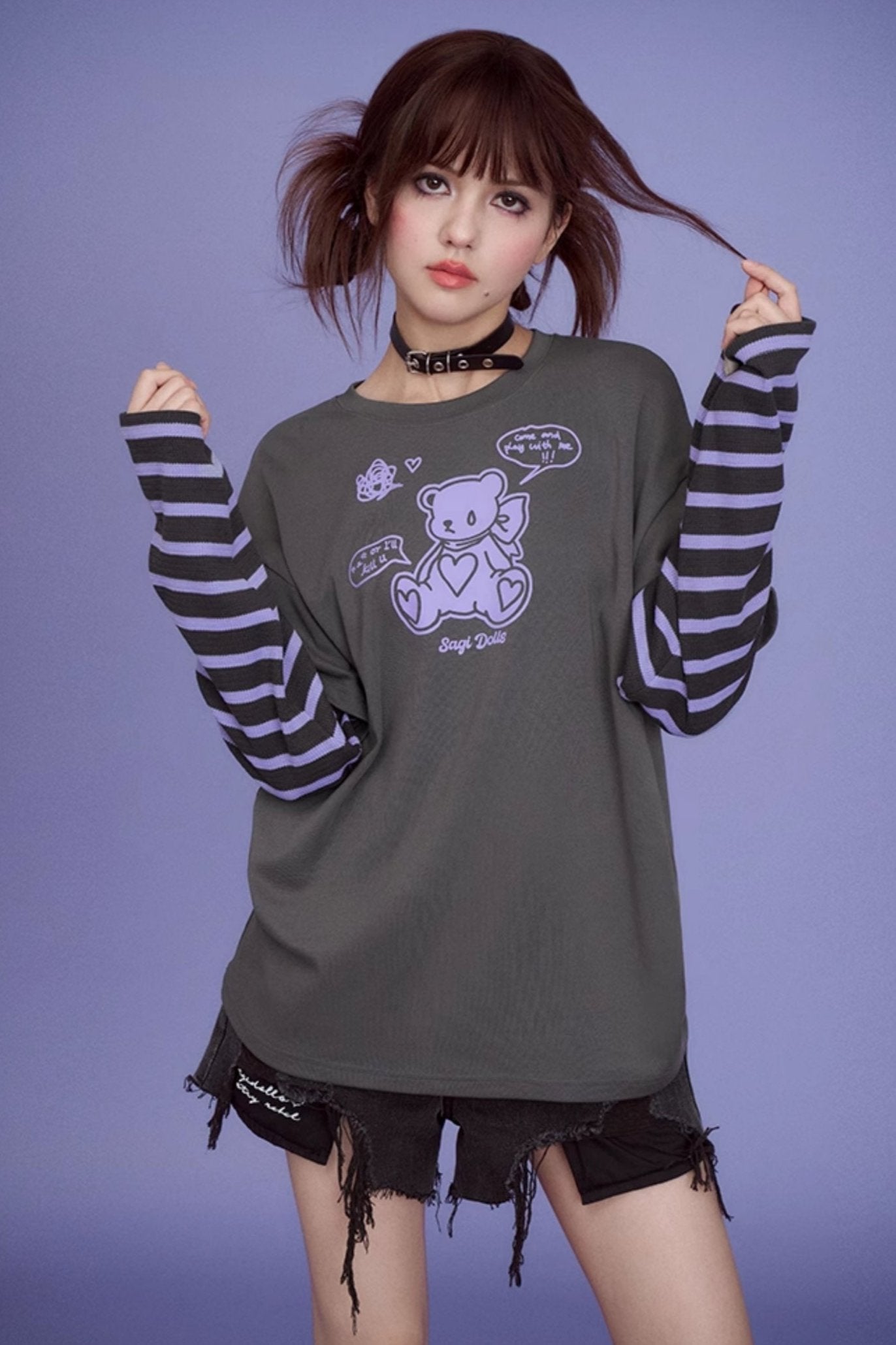 Bear Splicing Fake Two Long Sleeve Top