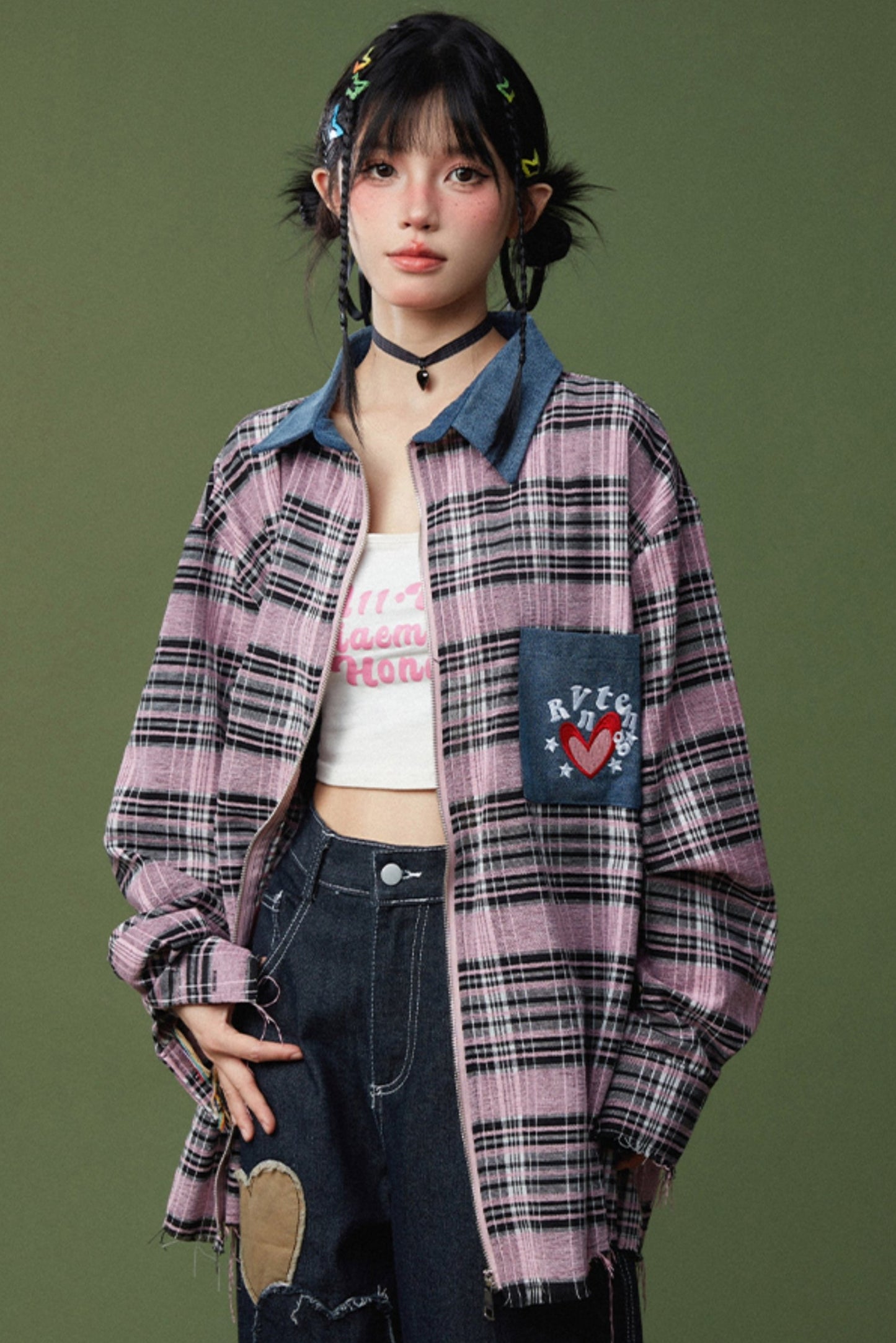 Polo Collar Patchwork Denim Shirt