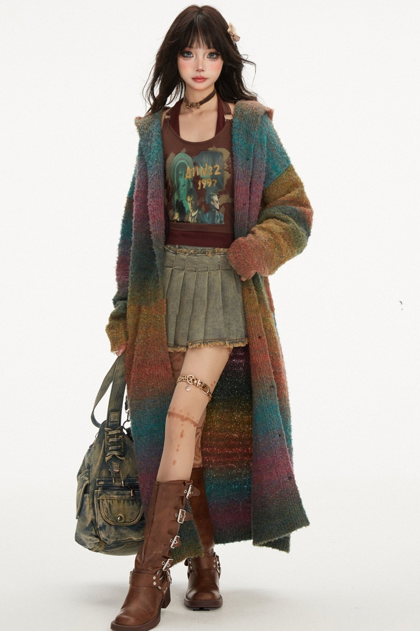 Long Rainbow Gradation Knit Cardigan