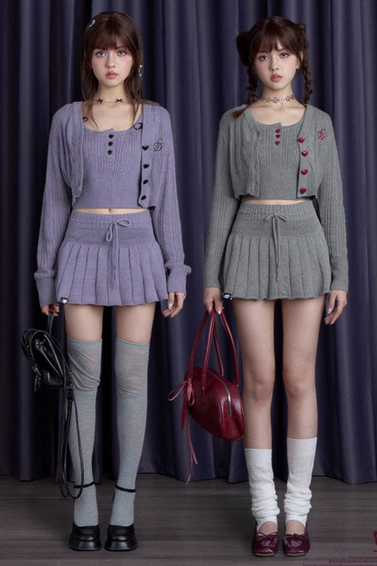 Gray and Purple Knit Suspender Skirt Set