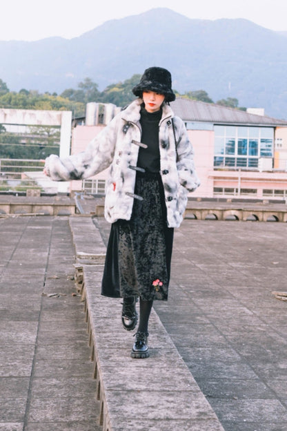 Stand-Up Collar Embroidered Fur Coat