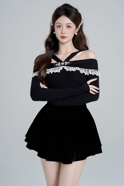 One shoulder black knit sweater