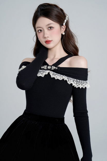 One shoulder black knit sweater