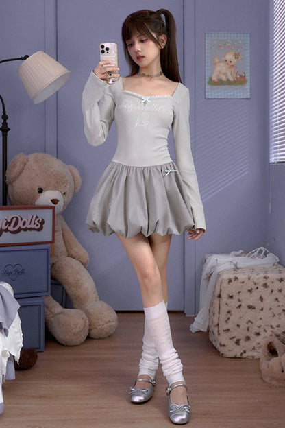 Gray Knitted Princess Bad Skirt Dress