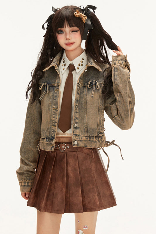 Cropped Denim Bowtie Short Coat