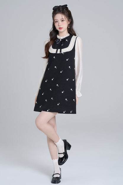 Black Stand Color Fake Two Piece Dou Dress