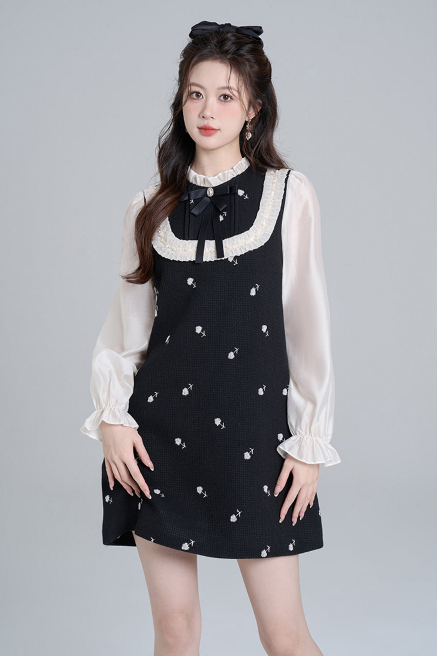 Black Stand Color Fake Two Piece Dou Dress