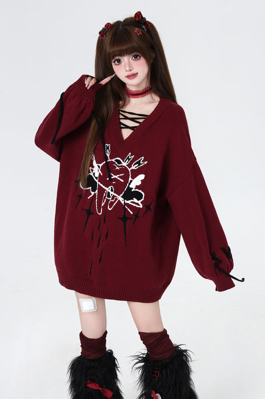 Tie V-Neck Loose Pullover Sweater