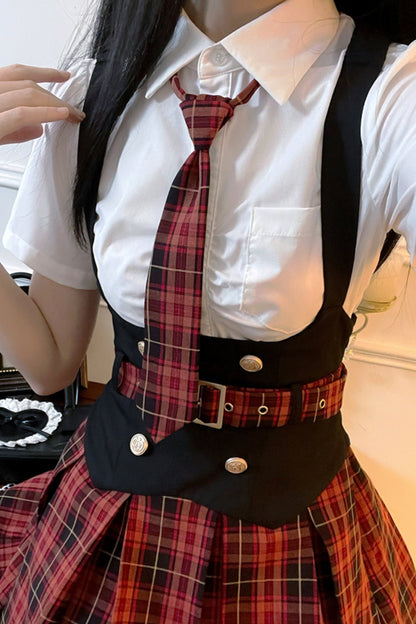 Red Plaid Vest Skirt Uniform Set-Up