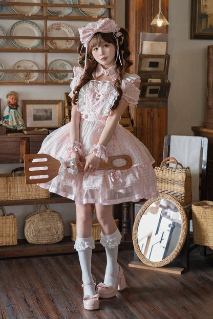 [Vorbestellschluss: 13. Juni] Rosa Vichy-Karo-Schürzenkleid mit freien Schultern, Puffärmeln und Schleife (mit Kragen-Choker) + Haarreif + Handgelenkmanschetten