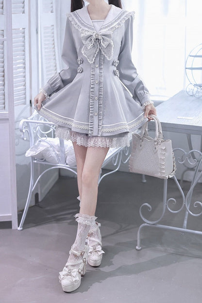 [Pre-order Deadline: September 29] Blue Sailor Collar Frill Lace Trim Dress + Shorts + Cross Charm Jewel Bow Tie Set