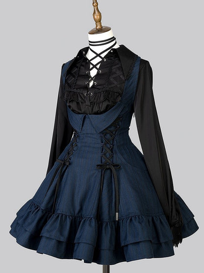 【12月29日予約締切】ゴシックロリータダークカラーストライプバッククロスフリルサスドレス