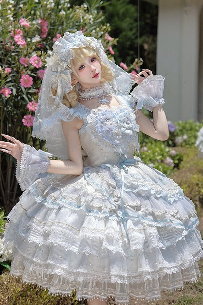 [Reservierungsschluss 1. August] Blau-weißes Sweet-Lolita-Stufenkleid-Set mit Blumenmuster