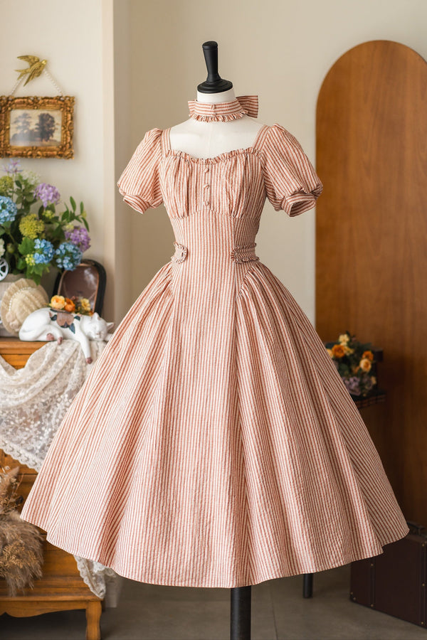 【予約商品】レトロフレンチエレガントクラサマーコットン＆リネンストライプドレス