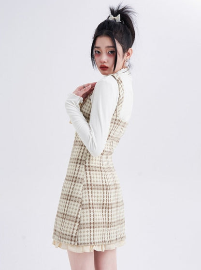 Check French Ribbon Suspender Skirt