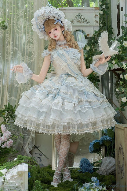 [Reservierungsschluss 1. August] Blau-weißes Sweet-Lolita-Stufenkleid-Set mit Blumenmuster