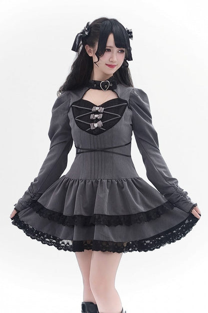 [Reservierungsschluss 28. September] Pink x Schwarz/Grau x Schwarz Gothic-Kleid mit herzförmigem Ausschnitt, Gürtelkragen, Spitzenbesatz und Schleifendetail